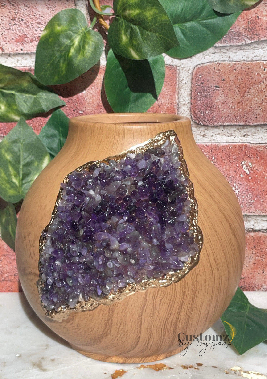 Ceramic Wood Grain Amethyst Crystal Vase