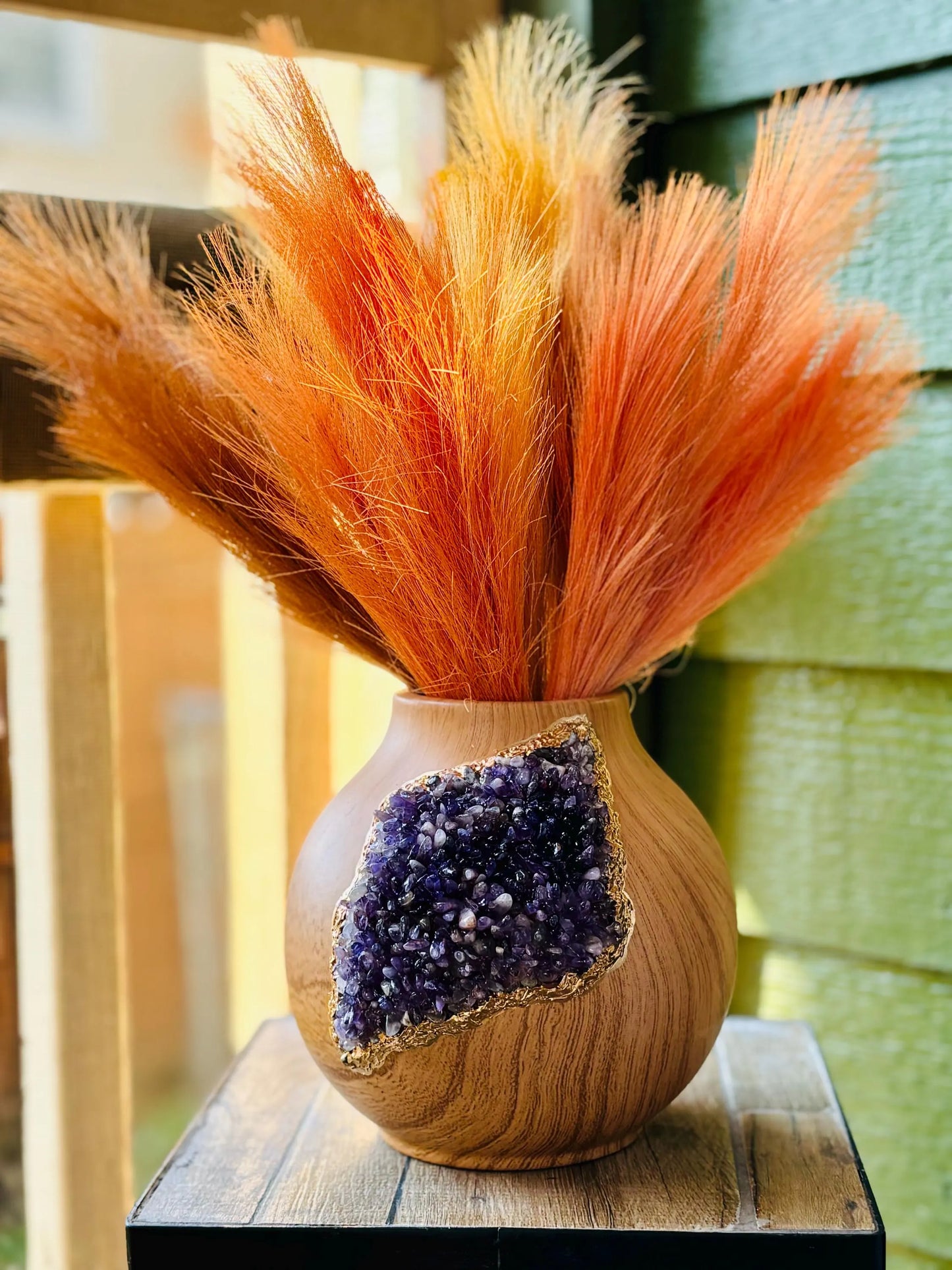 Ceramic Wood Grain Amethyst Crystal Vase