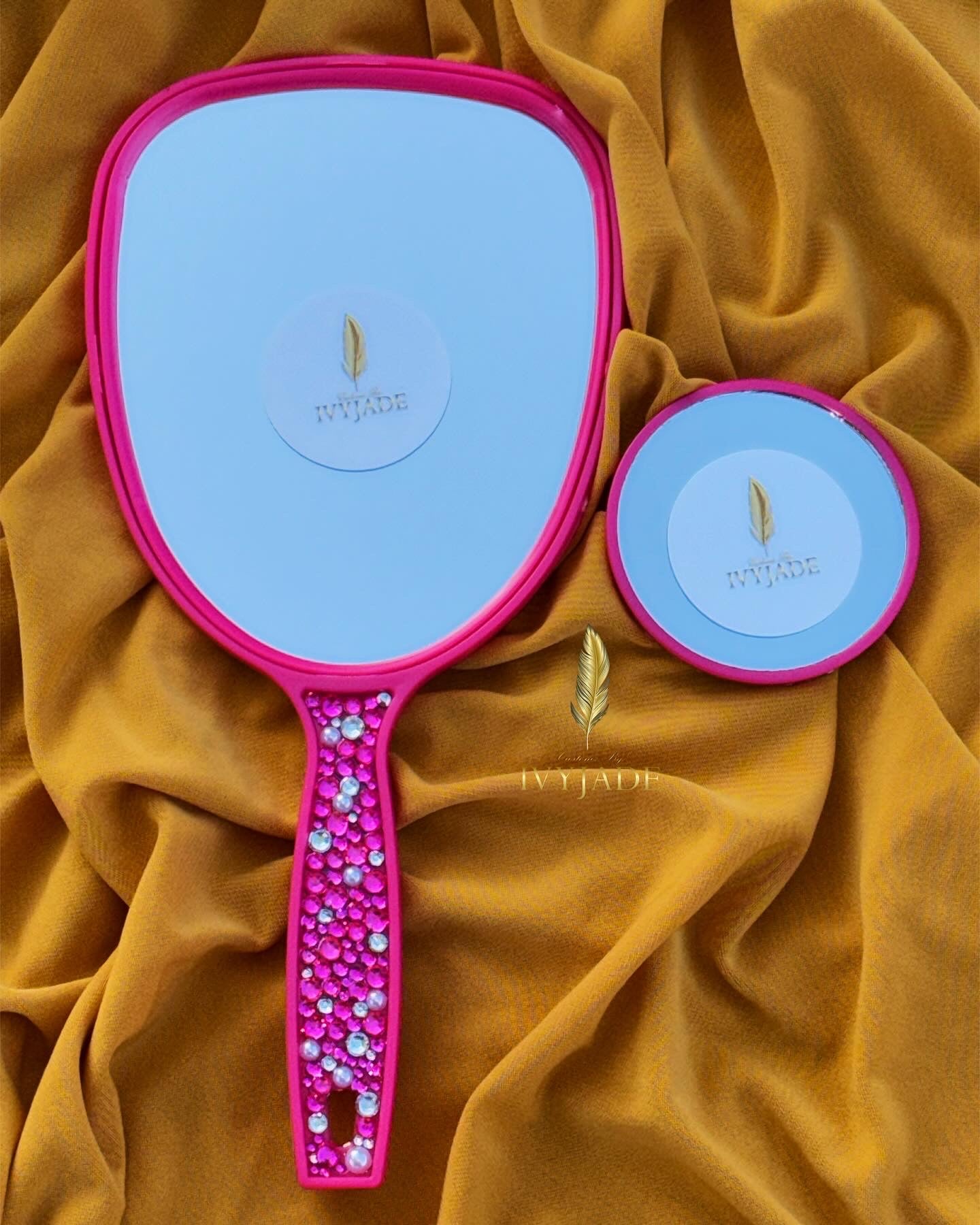 Pink Rhinestone Handheld and Pocket Mirror Set
