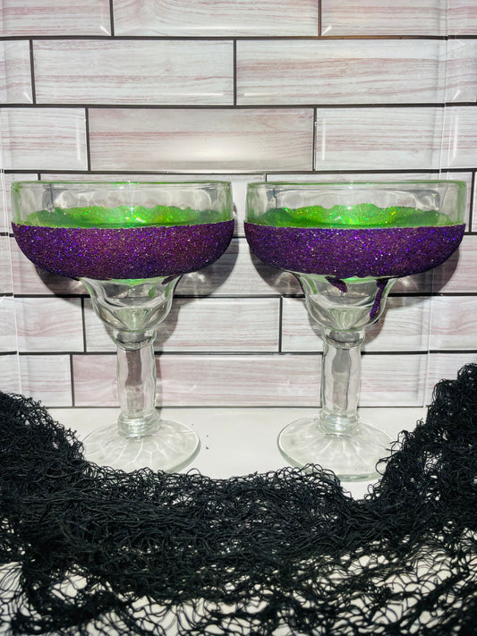 Purple and Green Glittered Margarita Glass Set