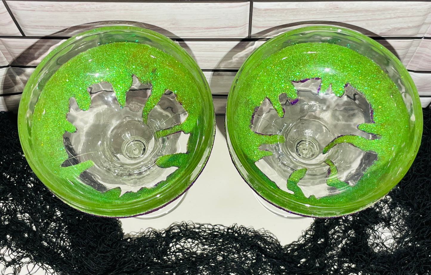 Purple and Green Glittered Margarita Glass Set