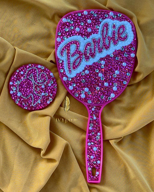 Pink Rhinestone Handheld and Pocket Mirror Set